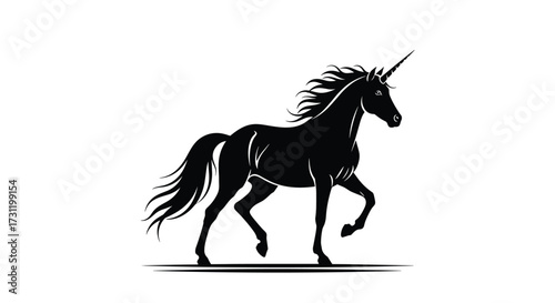 A majestic black unicorn with a flowing mane and tail walks across a white background.