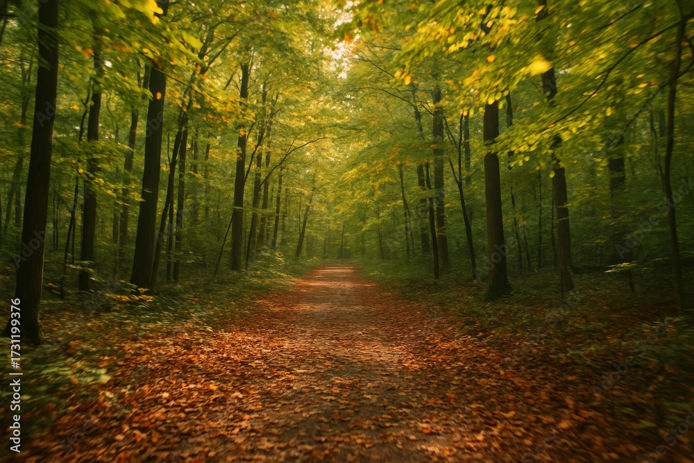 Obraz premium A serene woodland path invites exploration as it meanders through a verdant forest. The scene exudes tranquility, with golden leaves dotting the ground and sunlight filtering through the canopy.
