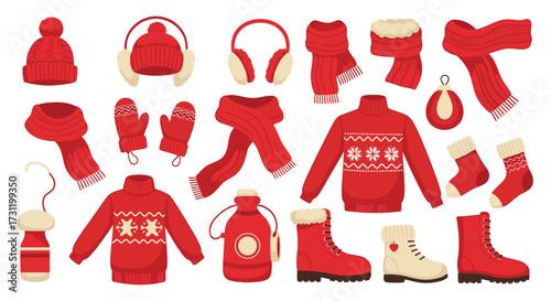 Collection of cozy winter clothing and accessories in red and white tones perfect for the holidays.