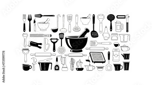 Illustration showcasing a diverse collection of kitchen utensils and cooking implements in black and white