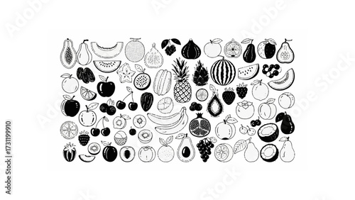 A diverse assortment of hand drawn fruits including melon pineapple and berries in black and white style