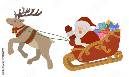ソリに乗ってトナカイと一緒にプレゼントを運ぶサンタクロースのイラスト