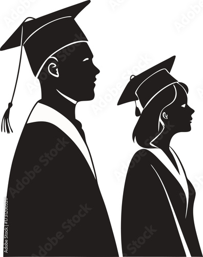 Silhouette of graduates in caps and gowns isolated on white background