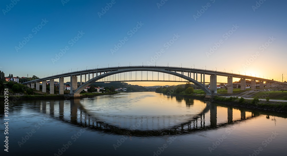 Obraz premium Arch bridge over river with clear sky at sunset reflected in water