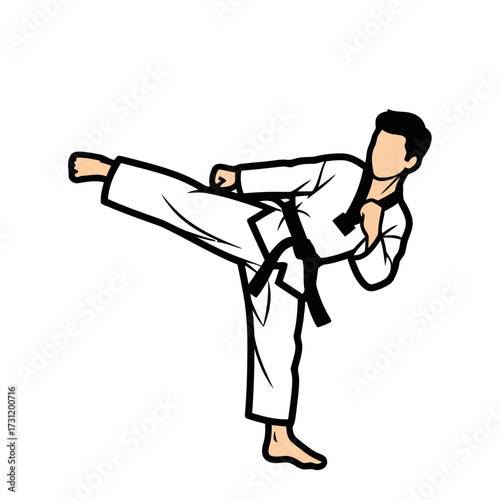 Dynamic cartoon depiction martial artist performing side kick in gi with black belt, showcasing agility and discipline in combat sport, isolated on transparent