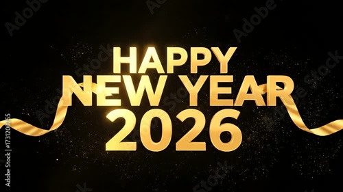 A 4k render displays 'Happy New Year 2026' in glittering gold letters with ribbons against a dark background, creating a festive and celebratory mood for the upcoming
