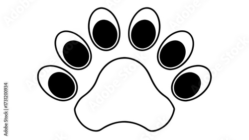 Illustration of a paw print with five toes each featuring a black oval shape inside a white space