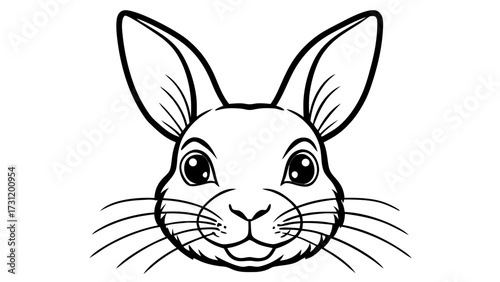 A black and white line drawing of a rabbit face with large ears and whiskers on a white background