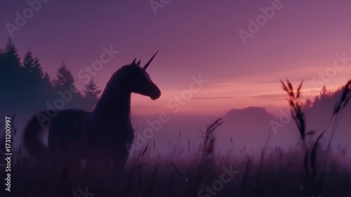 Silhouette of a unicorn at dusk against a vibrant colorful sky