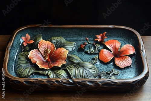 Tray with vibrant flowers.