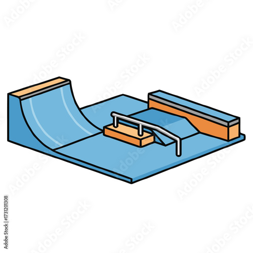 Cartoon skate park with ramps and rails, suitable for extreme sports and recreation themes