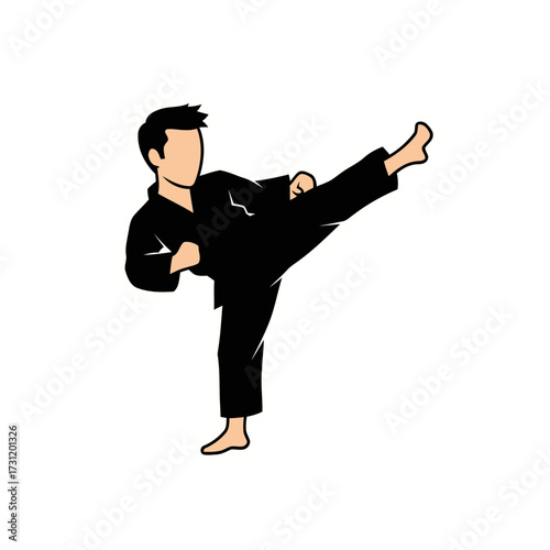 Martial artist performing high kick in black gi, representing combat sports and discipline