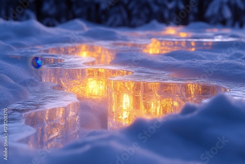 Ice shards surrounded by melting snow in a shimmering pool.