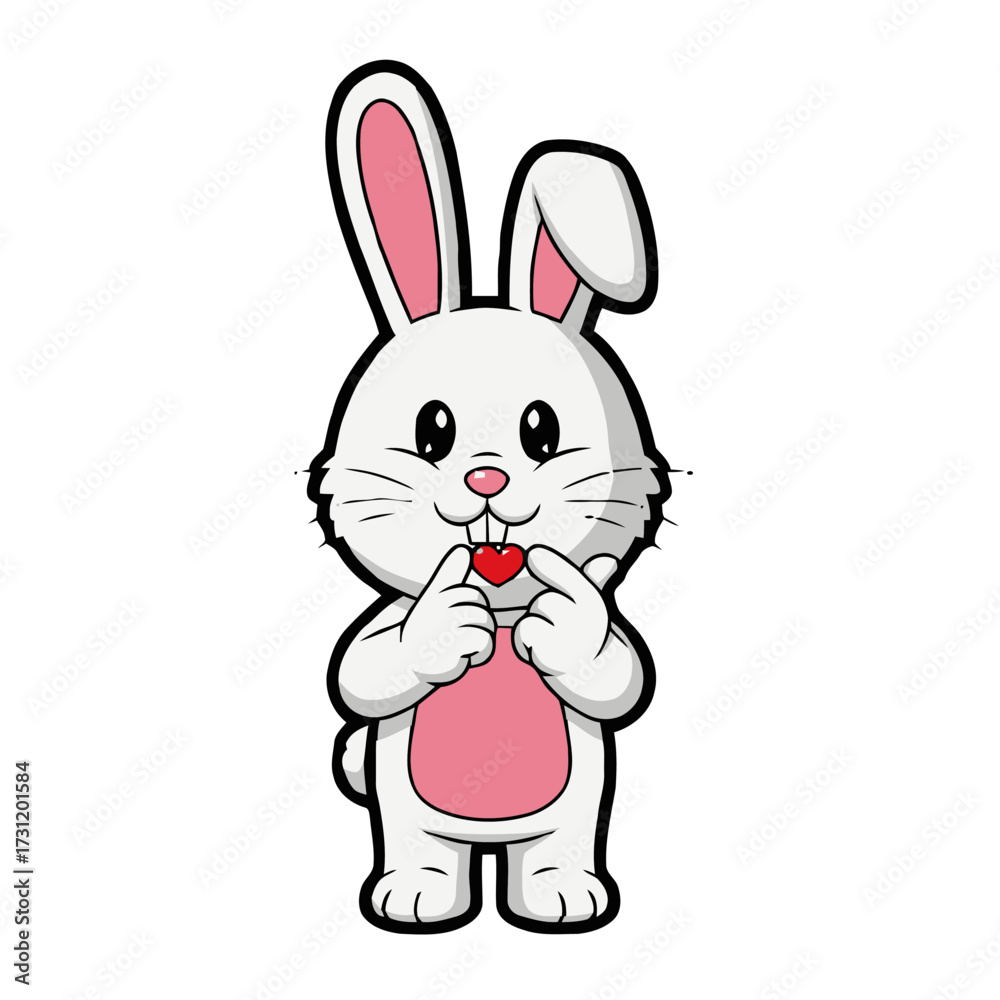 Fototapeta premium Cute cartoon bunny rabbit with pink ears and belly, holding small red heart near its mouth with its paws, isolated on transparent, conveying love and affection