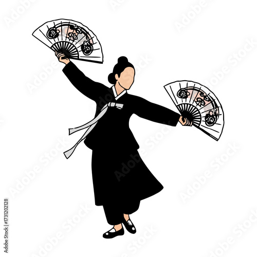 Graceful korean woman in traditional hanbok attire performing fan dance, holding two ornate fans, embodying elegance and cultural artistry