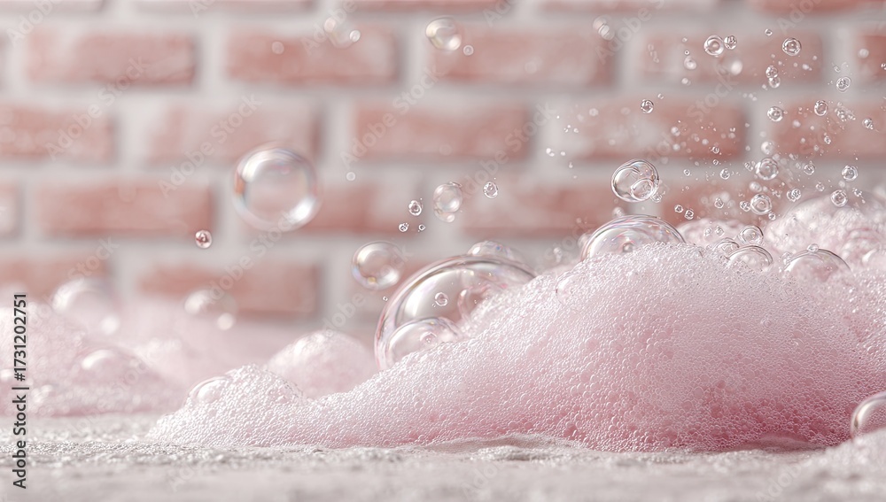Fototapeta premium Pink foam bubbles rise against a blurred brick backdrop; light, airy, and textured