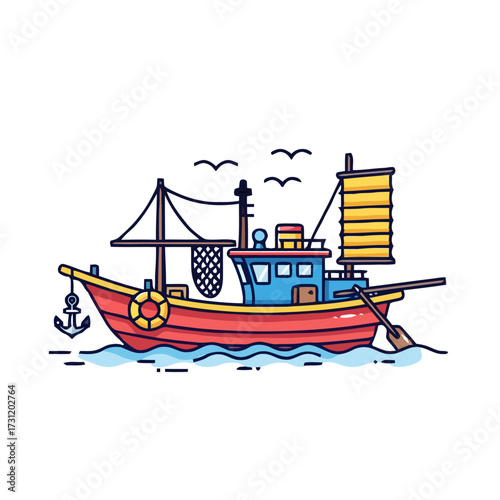 Colorful traditional fishing boat with red hull, blue cabin, and yellow sail, floating on wavy blue water with an anchor and net