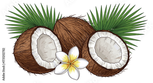 Tropical bounty of coconuts with palm leaves and a delicate flower.
