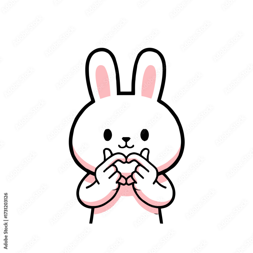 Obraz premium Cute bunny rabbit character making heart shape with its fingers, , adorable cartoon, symbol love and affection, perfect for greeting cards and cute designs