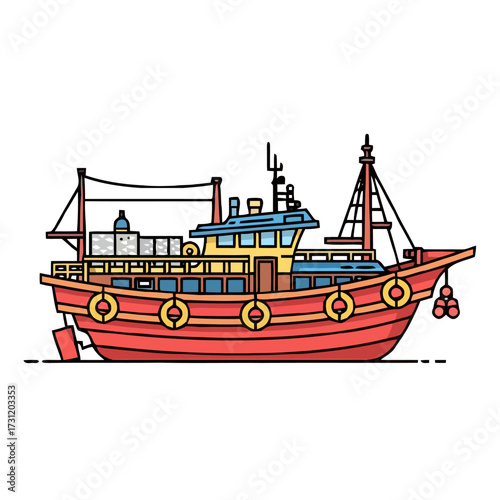 Colorful red fishing boat with yellow accents, featuring cabin, mast, and lifebuoys, isolated on transparent
