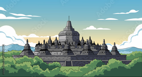 Breathtaking Ancient Buddhist Temple Complex Surrounded by Lush Green Forest Under a Bright Blue Sky with Fluffy Clouds
