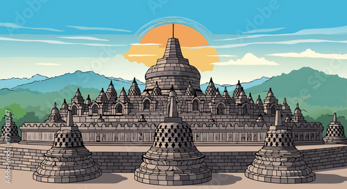 Borobudur Temple An Ancient Buddhist Monument in Indonesia Featuring Stupas and a Majestic Sunrise Over Lush Green Mountains