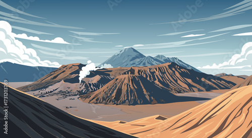 Volcanic landscape with smoking craters under a dramatic sky, an epic natural vista of geological power and raw beauty