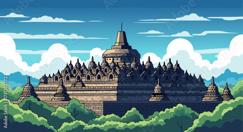 Majestic Ancient Temple in Lush Greenery Under a Vibrant Blue Sky, Pixel Art Style Depicting Cultural Heritage and Serene Landscape