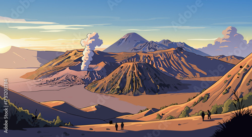 A serene volcanic landscape at sunrise, with wisps of smoke rising from the peaks and silhouetted figures exploring the rugged terrain