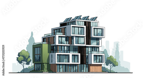Modern apartment building with sustainable features like solar panels and large windows, showcasing contemporary urban living and eco-friendly design principles
