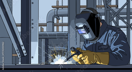 Skilled worker in protective gear meticulously welding metal structures with bright sparks illuminating the industrial workshop setting