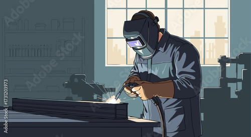 Skilled craftsman in protective gear meticulously welds metal beams in a well-lit workshop, showcasing precision and industrial expertise