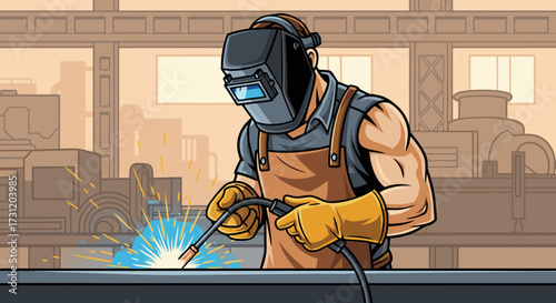 A skilled craftsman in protective gear expertly welds metal beams, sparks flying in a vibrant industrial workshop setting