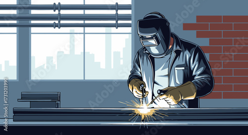Skilled craftsman meticulously welds metal beam with bright sparks flying in industrial workshop setting