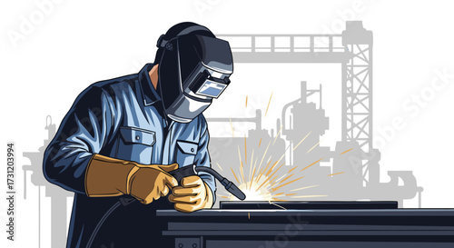 Skilled welder in protective gear skillfully performing welding work with sparks flying in an industrial setting