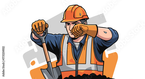 Construction worker sweating and wiping brow with shovel, illustration of hard work, endurance, and challenging labor in the construction industry