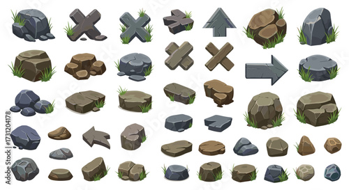 A collection of pixel art rocks and arrows for game development.