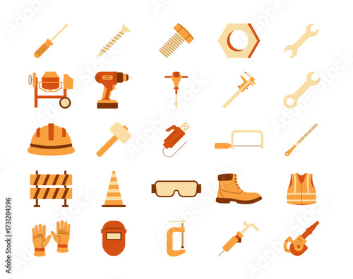 Simple set of 25 tools construction icons set. Simple vector illustration in modern thin line style. Outline icons concept.