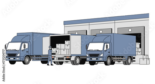 Warehouse logistics with delivery trucks loading and unloading cargo boxes at distribution center, shipping, freight transportation, and supply chain management illustration