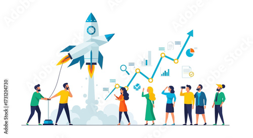 Team launching startup project with rocket takeoff, business growth strategy, analytics graph, innovation and entrepreneurship success concept – new company development illustration