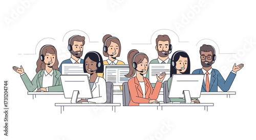 Customer service call center team with headsets providing technical support, answering phone calls, live chat assistance and help desk communication – business support and contact center illustration