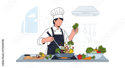 Professional chef cooking fresh vegetables in modern kitchen, preparing healthy vegetarian meal with pan and ingredients, gourmet cuisine and culinary food preparation illustration