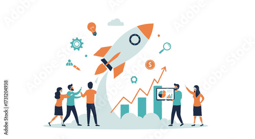 Startup business launch concept with rocket taking off, team planning growth strategy, analytics chart, innovation, and entrepreneurship success illustration for business development and marketing