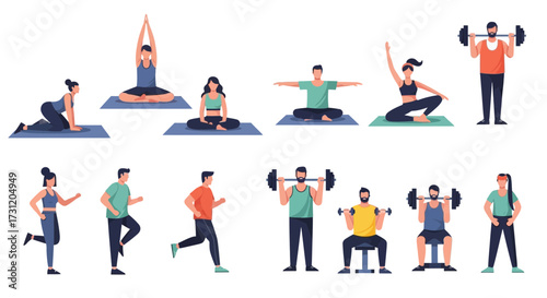 Group of people doing fitness exercises, yoga poses, running, weightlifting, and gym training, healthy lifestyle workout illustration set for sport, wellness, body training, and physical activity conc