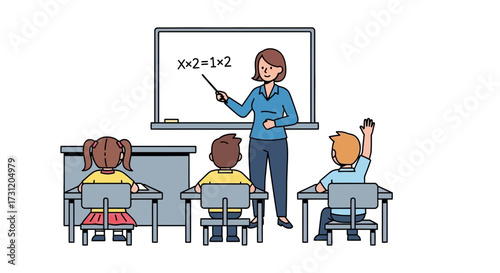 Teacher explaining math lesson to students in classroom, children sitting at desks learning with female teacher writing on whiteboard, school education concept illustration for teaching and learning e