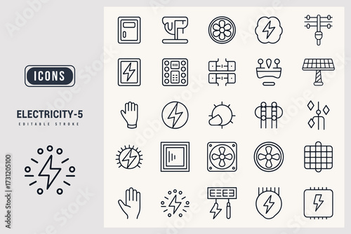 Set of Thin Line Electricity And Energy Related Icons In Outline Style White Background.