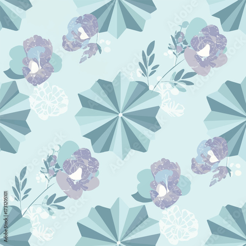 A seamless decorative pattern featuring stylized blue paper fans and textured purple flowers on a light aqua background.
