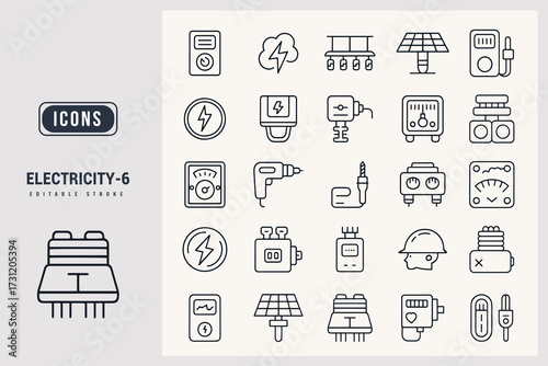 Set of Electricity Related Icons for Energy and Power Solutions White Background.