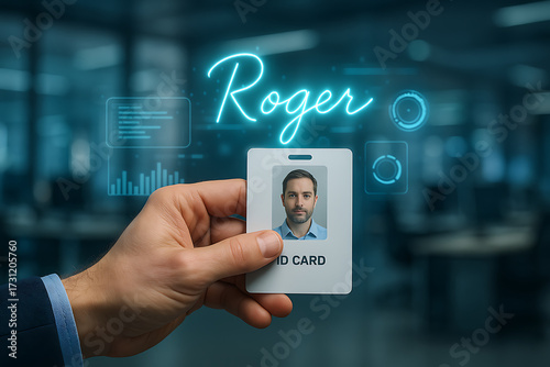 ID Card: An individual hand holding an ID card, representing security and recognition, showcases an image of the person with a name overlay.