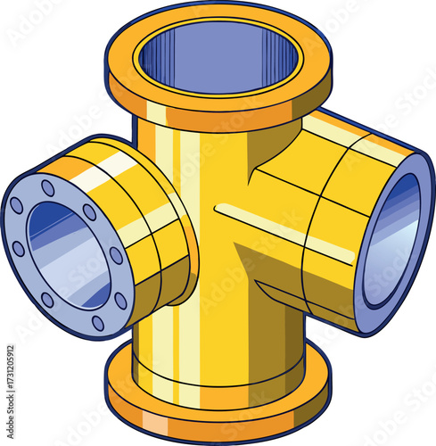 Vector engineering drawing of a tee fitting with flanges.